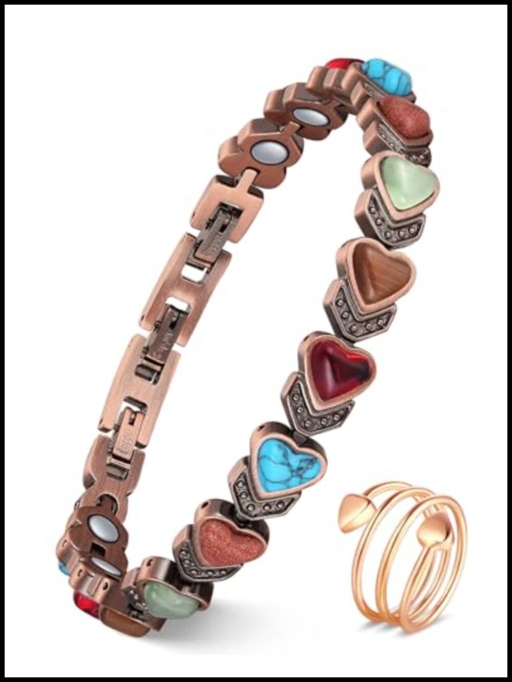 Pure Copper Magnetic Bracelet & Ring Set with 3800 Gauss Magnets, Natural